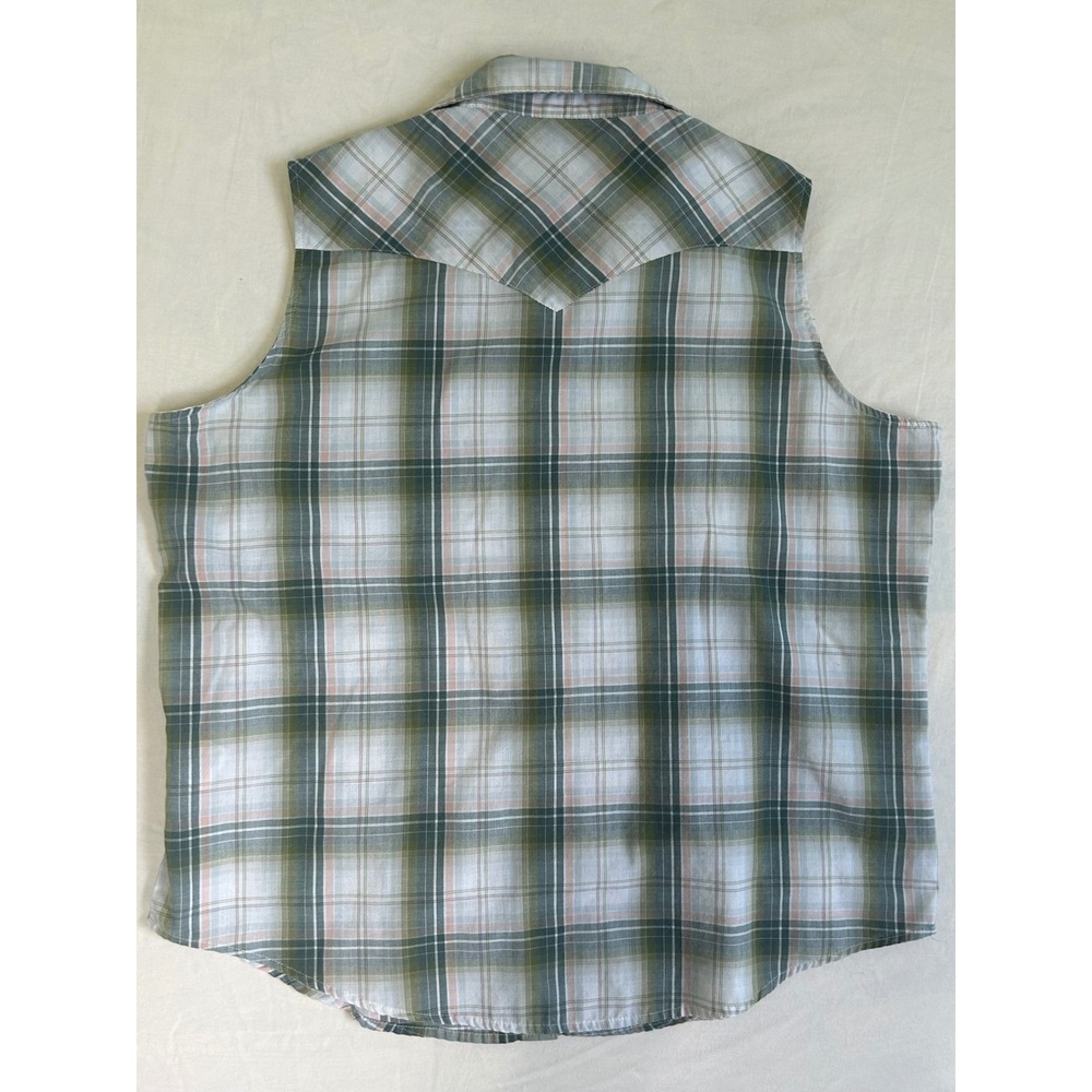 Wrangler Wrancher Womens XL Sleeveless Western Shirt Plaid Pearl Snap Green Pink - Picture 5 of 5